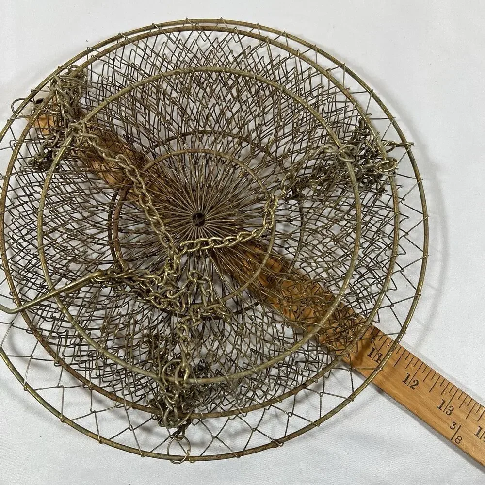 Vintage 3 Tier Distress Brass Gold Patina Metal Hanging Wire Fruit Basket